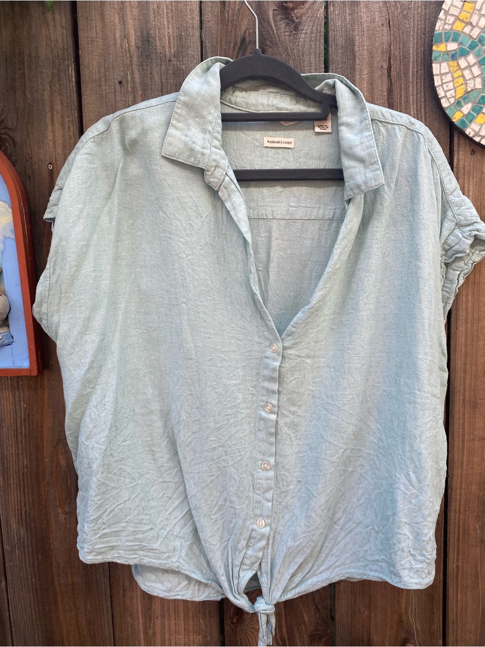 Aqua Button-Front Tie Hem Linen Shirt
